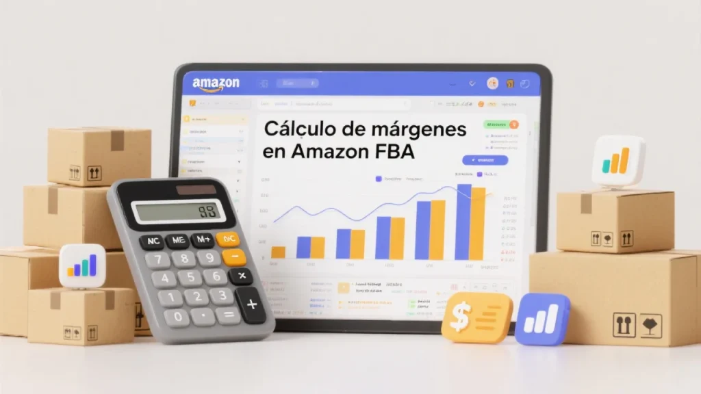 Cálculo de márgenes en Amazon FBA con calculadora, hoja de Excel, cajas de productos y logo de Amazon. Guía visual para vendedores FBA.
